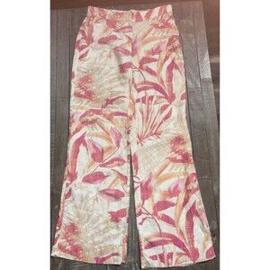Chicos 100% Linen Pants Women's Sz 0 (S) Pink Floral Elastic Waist Wide Leg